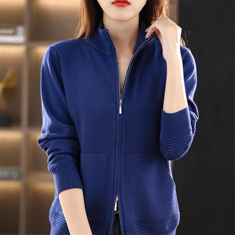 Women Wool Sweater Double Zipper Cardigan Casual Knitted